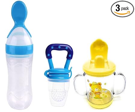 WAHHSON Combo of 3 Baby Safe Silicone Squeeze Fresh Food Feeder Bottle with Food Dispensing Spoon, Infant Food Nibbler Teething Toy Feeding Pacifier and Plastic Sipper Cup-240ml - Multi 2