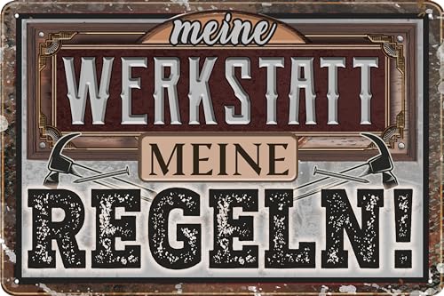 LUCKYLINDE Blechschild für WERKSTATT und GARAGE – lustiger Spruch, Werkstattregeln, Handwerker und Schrauber Deko Schild, 20x30cm (Meine Werkstatt, meine Regeln)