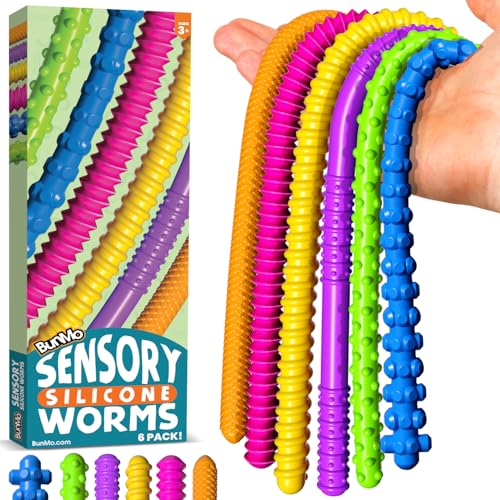 Image of BUNMO Silicone Sensory Toys - 6 Pack Fidget Worms Toy Set | Stretchy Noodles for Kids | Bright, Textured, Fun Stretchy String Noodles Fidget Toy for Tactile Play | Sensory Toys for Kids 5-7