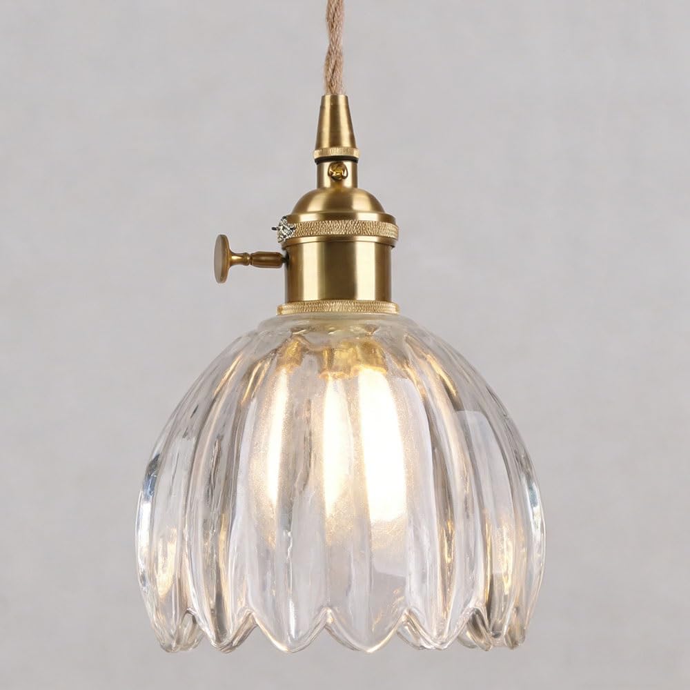 FEITENGDA Modern Nordic Tulips Glass Pendant Light Brass Socket Flower Shaped Pendant Light with Rotary Switch Adjustable Cord Chandelier for Kitchen Island Bedroom(Clear)