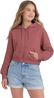 HOODLIFE Girls Cropped Zip-Up Hoodie Sweatshirt Soft Cotton Blend Crop Jacket with Hood, Drawstring &amp; Front Pocket Casual ...