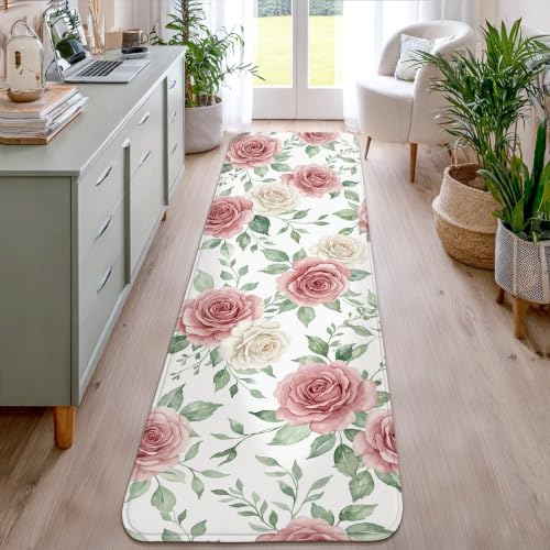 Alfombra rectangular antideslizante con estampado romántico de rosas y hojas 6