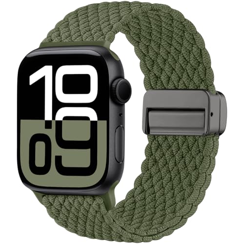 Maledan Pulsera trenzada compatible con Apple Watch 45 mm, 46 mm, 44 mm, 42 mm (Series 3 2 1) 49 mm, Solo Loop Magnetisch Band para iWatch Series 10 9 8 7 6 5 4 3 2 1 SE Ultra, verde ejército