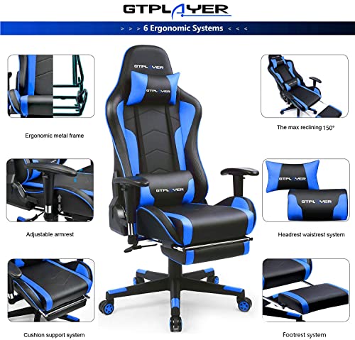 Image of GTPLAYER Gaming Chair with Footrests, Bluetooth Speaker, Music Chair, Ergonomic Computer Chair, Desk Chair, Blue