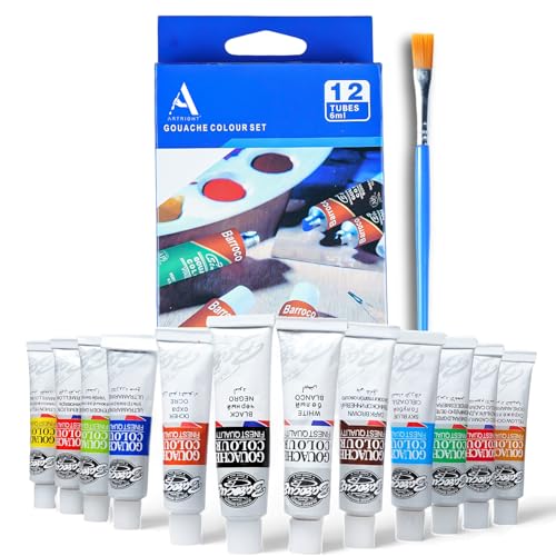 Image of 12 x 6ml Gouache Paint Set with 1 Free Paint Brush - 12 Acid-Free, Non-Toxic Multicolored Artists' Gouache Colors for Mixed Media Painting (6ml, 0.2oz)