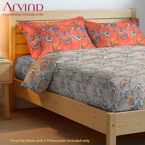 Image of Arvind Bedsheet Set - 100% Cotton Bedsheet for Double Bed (1 King Size Bedsheet with 2 Pillow Covers) Soft Breathable, 144 Thread Count - Slumber -Shade 10 (21031-B) | Natural
