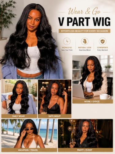 Image of Beauty Forever Body Wave V Part Wig Human Hair - Glueless Wear and Go Wig for Women, Natural Blend No Leave Out Wig, Beginner Friendly Protective Style, Small Cap, 150% Density Natural Color 20 Inch