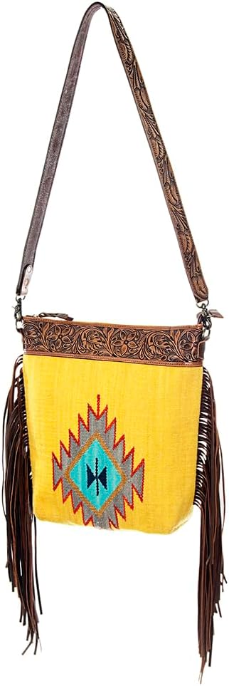 American Darling Large Cross Body Bag Hand Tooled Floral Hand Woven Saddle Blanket Leather Crossbody Fringes YKK Zipper