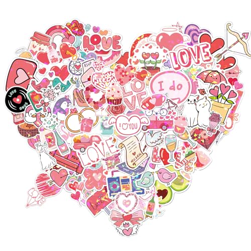 Valentines Stickers Love Stickers 100 PCS Holographic Valentines Day Sticker Pink Heart Decal Bulk Waterproof Vinyl Sticker for Waterbottle Scrapbooking Envelope Card Mailbox Classroom Gift