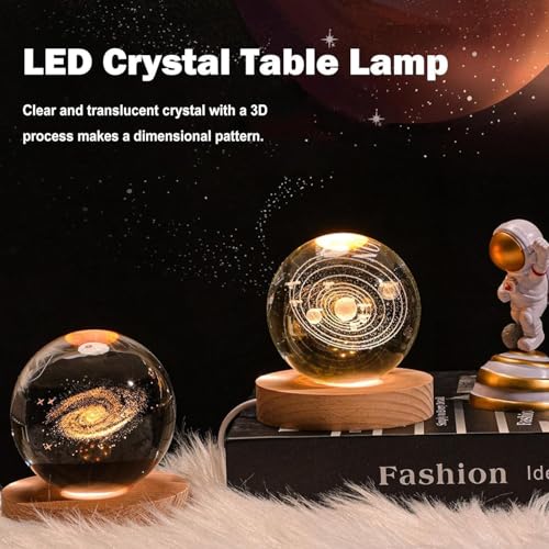 Image of Rangoli Solar System Engraved Crystal Ball with LED Light Base - 3D Laser Engraved Decorative Night Lamp for Home Decor, Office Desk, Gift.