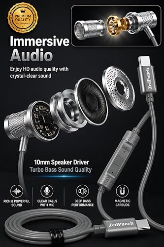 Image of ZedPunch Gaming Type-C Wired Earphone with Mic, 10mm Dynamic Bass Driver, Magnetic in-Ear Headphones, Low Latency Sound for Gaming, 1 Button Control, HD Calling, Voice Assistant (Silver Grey)