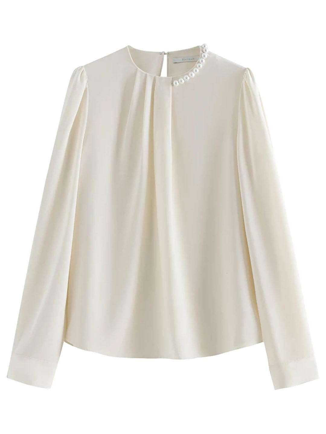 Camisa de perlas de estilo retro para mujer, cuello redondo, manga abombada, para oficina, color liso