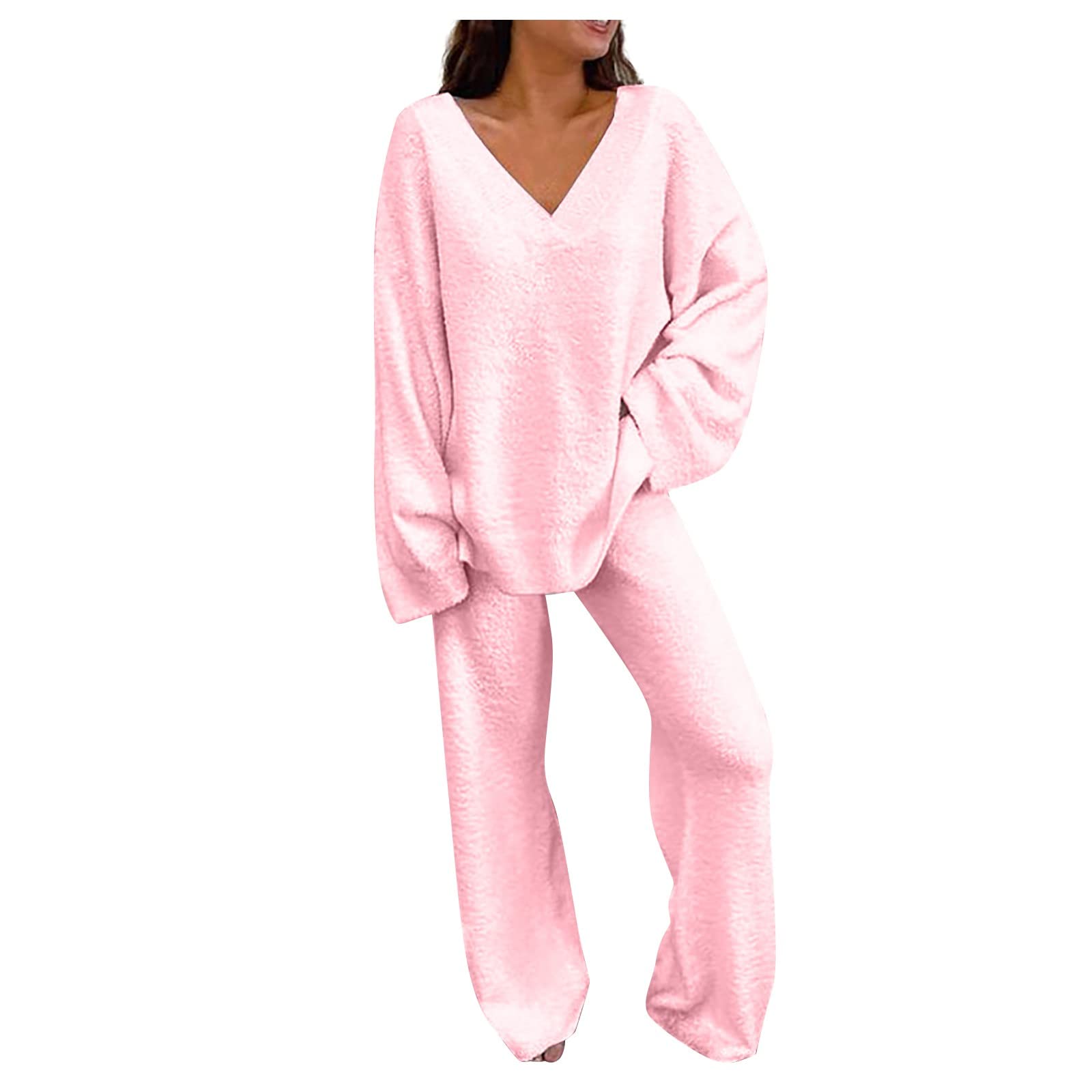 XIADUOBAAN Fleece huispak voor dames, behaaglijk, 2-delig, V-hals