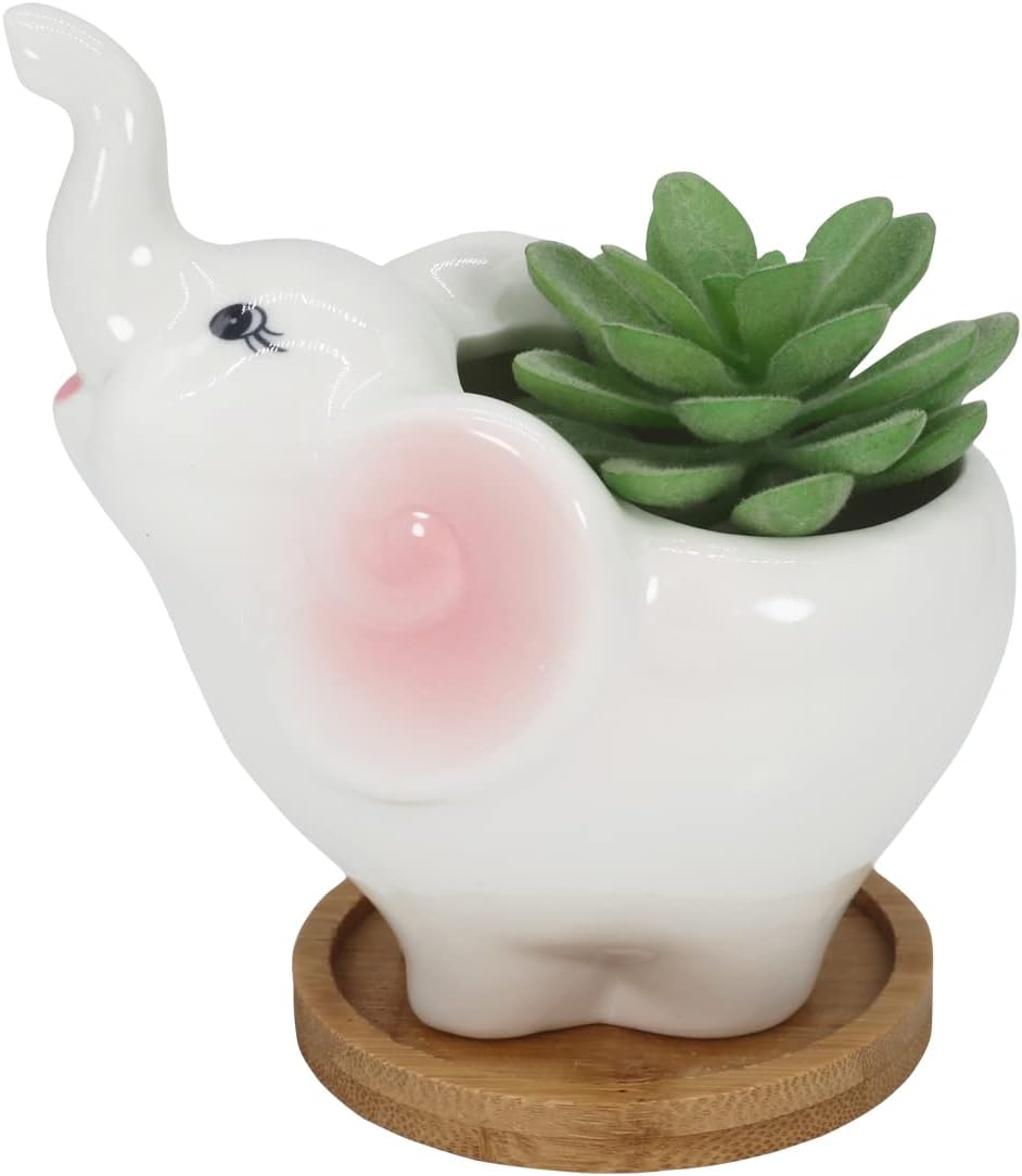 Gemseek Cute Elephant Succulent Planter Pot with Drainage Tray, White Ceramic Cactus Flower Container, Animal Bonsai Holder for Indoor Plants