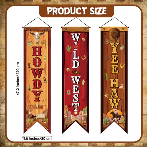 Image of Chiisong 3 Western Party Decorations Cowboy Banners Wild West Hanging Decor Howdy Yes Haw Porch Sign Backdrops for Indoor Outdoor Cowboy Birthday Photo Props Wedding Party Supplies (Western)