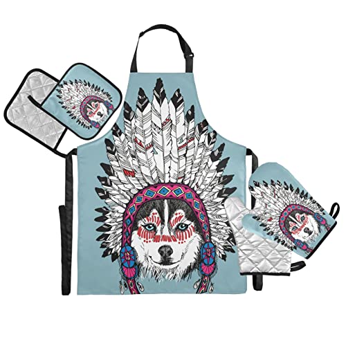 Alaza Husky Dog Portrait With Indian Headdress Blue Waterproof Apron W/ Pockets Oven Mitts Set Pot Holders Kitchen Linen Sets #TOP26