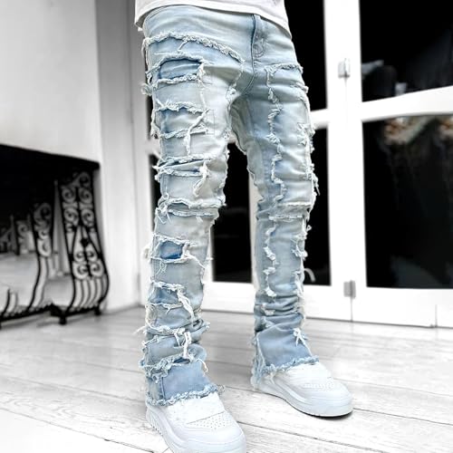 Mens Slim Fit Jeans Mens Stacked Jeans Black Skinny Jean Distressed Patchwork Frayed Straight Leg Denim Pants2