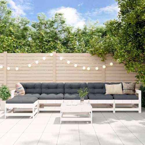 Mandloder Juego de salón de jardín de 7 piezas, color blanco, madera maciza de pino, diseño modular, para terraza, balcón, exterior, cómodo asiento