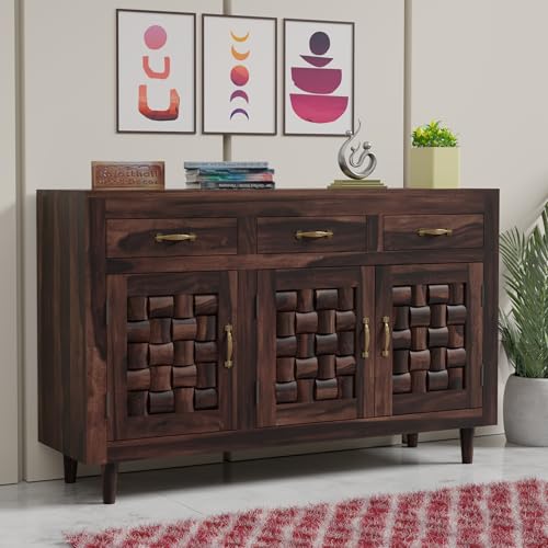 Image of Solid Sheesham Wood Sideboard Cabinet Storage with 3 Door & 3 Drawer Wooden Storage Organizer Cabinet for Home Kitchen Living Room Bedroom Hallway Dinning | Walnut Finish | Pre-Assembled