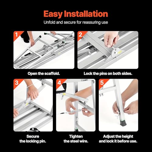 Image of Portable Folding Scaffold Work Platform, Height Adjustable Carbon Steel Step Bench, 400KG Load Capacity, Multifunctional Ladder Stool for Car Washing Painting RV Cleaning (200cm)