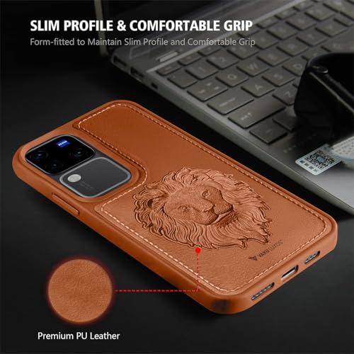 Image of Vaku Luxos️ Lion Embossed Back Cover Case for Vivo V30 5G Premium Leather Stitched Soft Shockproof Protective TPU Phone Case Camera Screen Protector- Brown