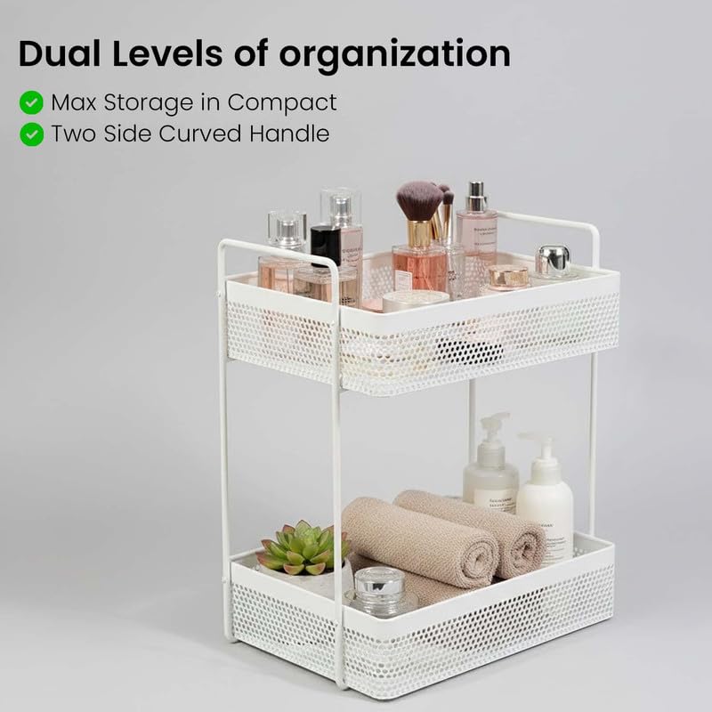 Image of Go Hooked Metal Standing Rack 2-Tier Countertop Organizer | Spices Organizer | Bathroom Essentials | Vanity Storage | Decorative Use | Cosmetic Makeup Storage (White)