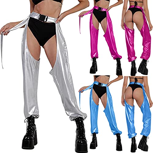 iZZZHH Fake Leather Pant Sexy Long Chaps Glossy Elastic High Wasit Buckles Jogger Crotchless Pants Solid Color Trousers