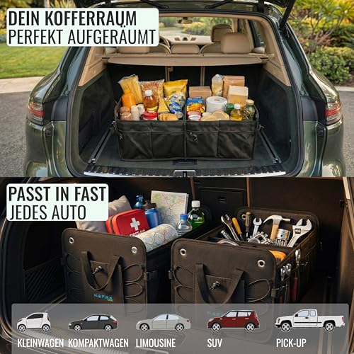 Nafra Home Kofferraumtasche Auto – Aufbewahrungsbox Groß 65L Mit Deckel Und Rutschfester Basis, Feste Struktur – Kofferraum Tasche Schwarz Oxford Gewebe 600D 57x37x32cm