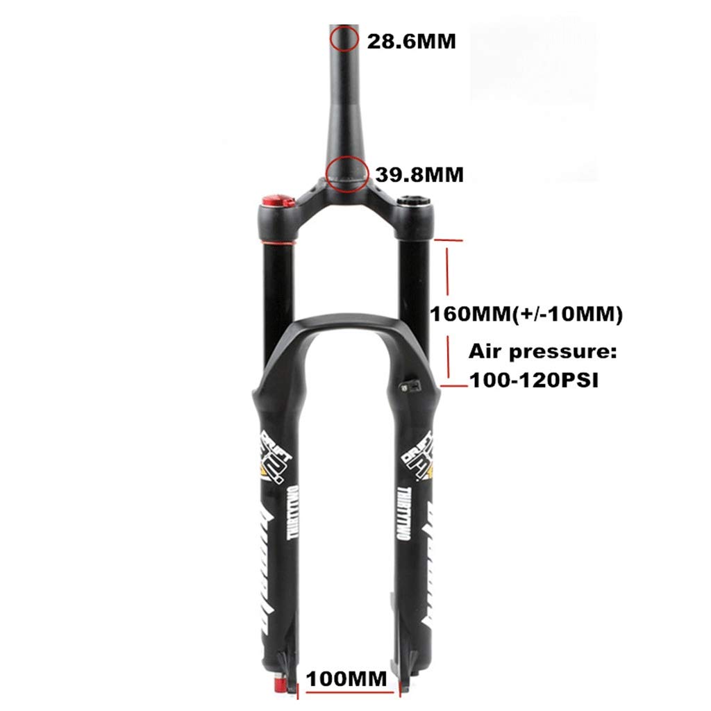 Widelec amortyzowany MTB 26/27,5/29" zawieszenie pneumatyczne, szerokość piasty przedniej 100 mm, rura stożkowa 1-1/2", hamulec tarczowy QR 9 mm