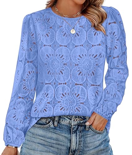 Image of OFEEFAN Blouses for Women Dressy Casual Spring Tops 2026 Summer Outfits Flower Lace Crochet Long Sleeve Shirts