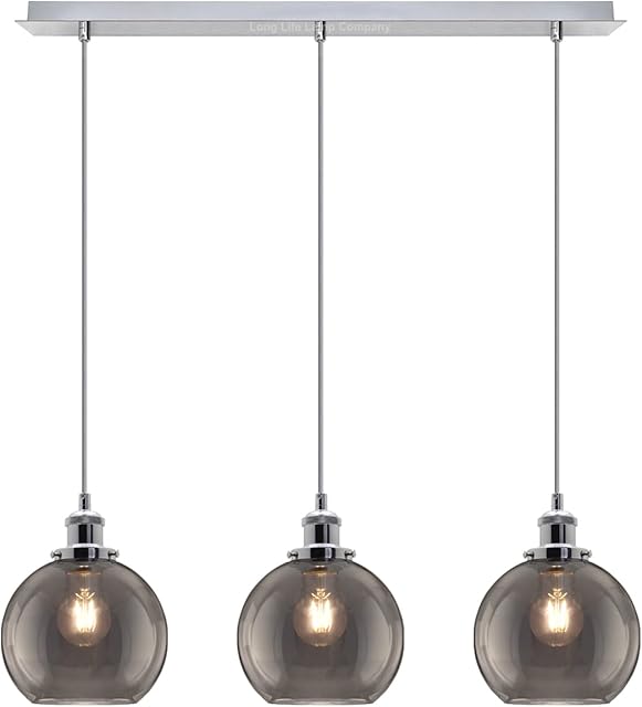 Long Life Lamp 3 Lights Pendant Light Cluster Mini Glass Globe Shades Smoked Grey, Vintage Industrial Chrome Ceiling Lamp Fixture H3044