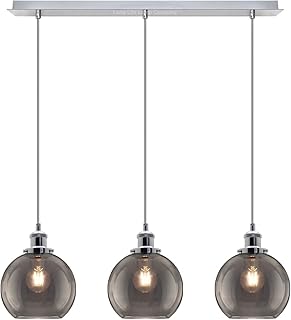 3 Lights Pendant Light Cluster Mini Glass Globe Shades Smoked Grey, Vintage Industrial Chrome Ceiling Lamp Fixture H3044