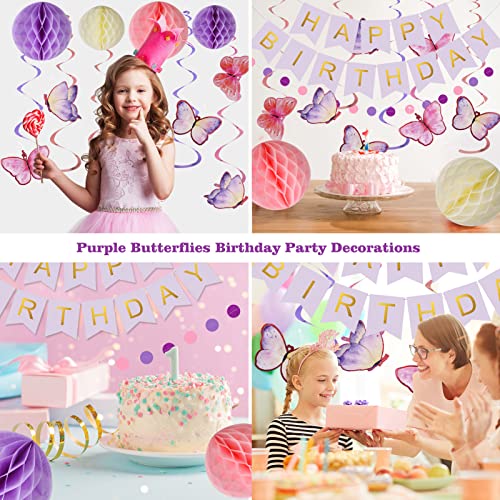 meowtastic Birthday Decorations, Happy Birthday Banner with Honeycomb Balls, Butterfly Hanging Swirl Streamers, Circle Dots Garland, Happy Birthday Party Decorations for Women Men Boys Girls (Purple) - Image 5