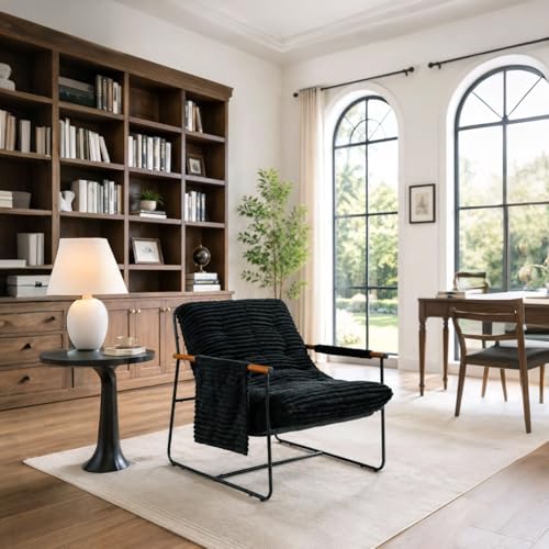 Modern Comfy Accent Chair, Cozy Corduroy Living Room Chair with Armrests Storage Pocket, Upholstered Lounge Chair Indoor, Lightweight Armchair for Bedroom Reading Nook Office Adults, Black - Image 5