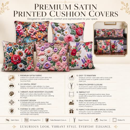 Image of Decorative Satin Sofa Cushion Covers Set of 5, 24 Inch x 24 Inch, Multicolor 3D Floral Sofa Pillow Covers, Embroidery-Effect HD Digital Print, Zipper Closure (Rosella, 24X24 Inches)