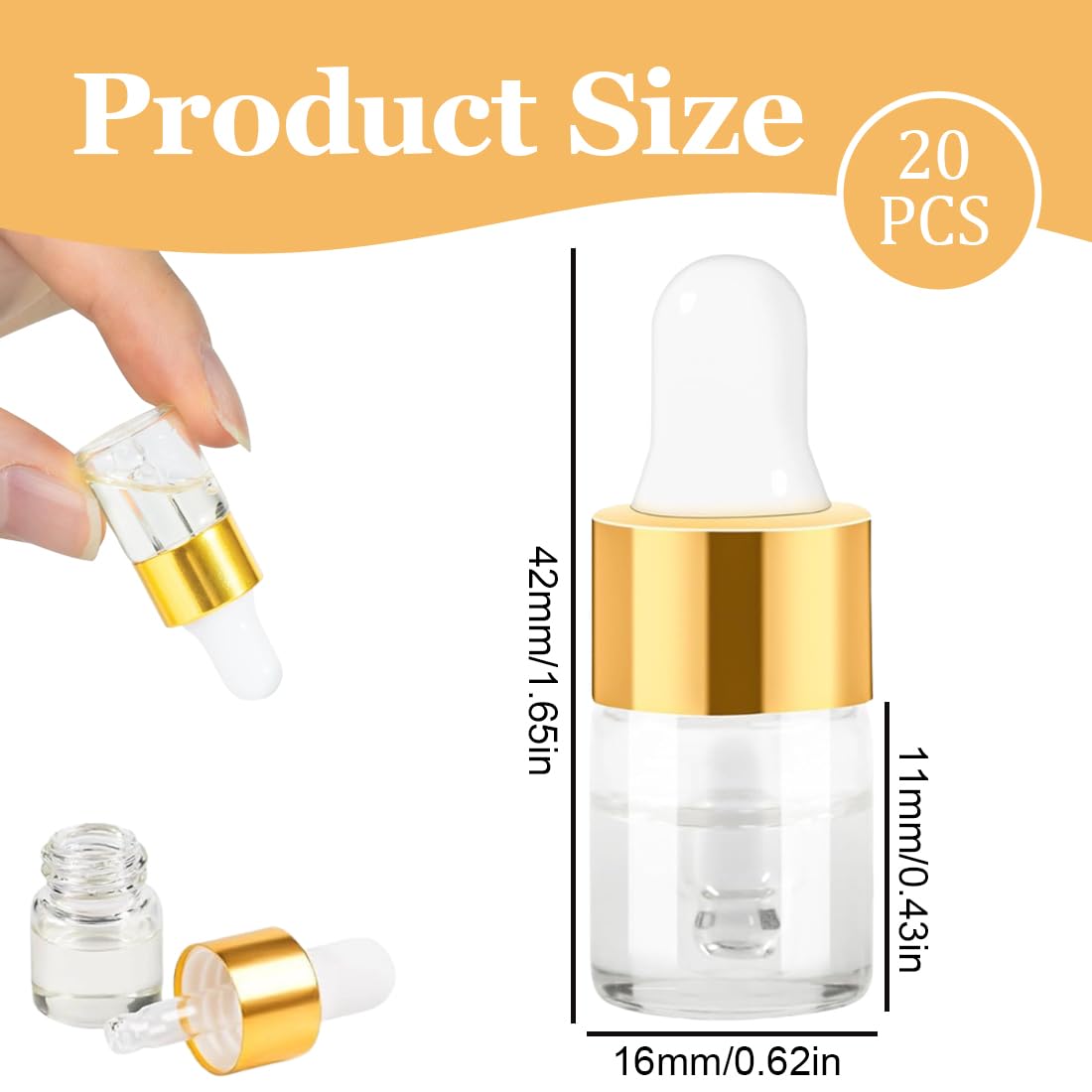 20 unidades Mini botellas con pipeta, frascos de vidrio transparente con gotero, ideales para aceites esenciales, aromaterapia, masajes y cuidado de uñas (2ml)