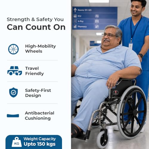 Image of Hero Ecomed - Winn 301 H Manual Wheelchair | Heavy-Duty Foldable Mobility Chair with Antimicrobial & Fire-retardant Upholstery | 150 kg Capacity | Self Use & Attendant Use Wheelchair