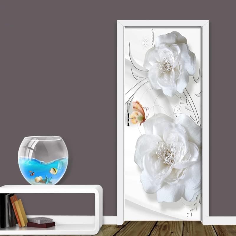 Miniatura 4 de Mural adhesivo 3D para puerta, patrón floral blanco, impermeable, extraíble, 30.3 x 78.7 pulgadas