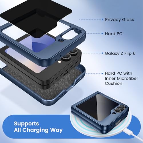 Image of Ruky for Z Flip 6 Case Built-in with Privacy Screen Protector, Blue | Support Wireless Charging, Full Body Cover Shockproof Hard PC Ultra-Thin Phone Case for Samsung Galaxy Z Flip 6, Blue