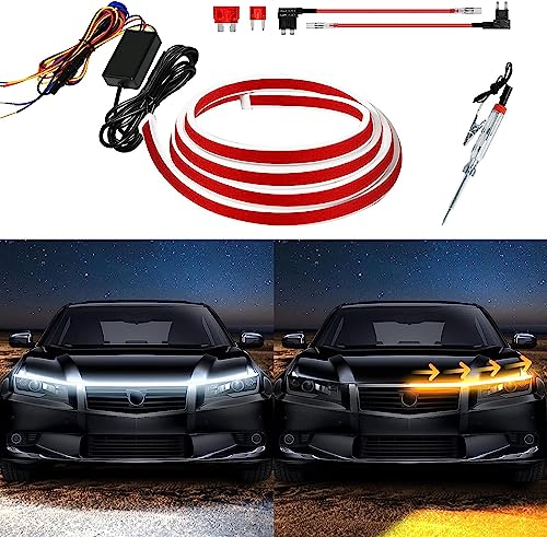 Exterior Car LED Hood Light Strip,Dual Color Dynamic Scan Start Up Hoodbeam Kit,Led Daytime Running Lights White&Amber Switchback Sequential Turn Signal Lights for Cars, Trucks,SUV(95inch/1set)
