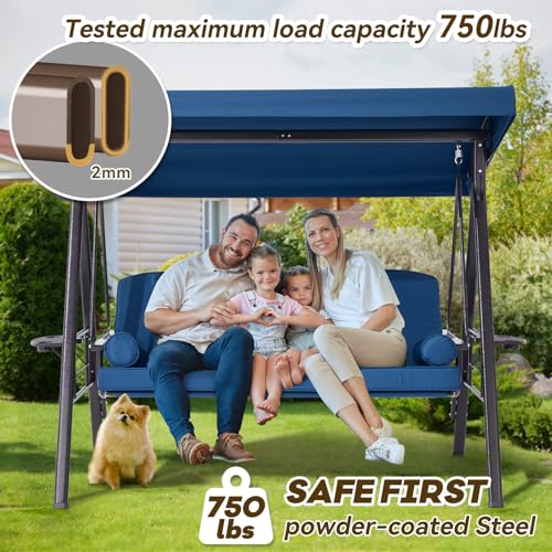 Image of 3 Seat Outdoor Patio Porch Swing with Adjustable Canopy, 3 in 1 Swing for Adults, Patio Swing Chair with Thickened Cushions,Pillows & Cup Holders for Backyard, Porch, Garden (Blue)