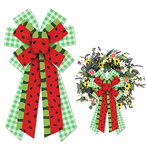 Hying Large Summer Watermelon Bows for Wreath, Red Green Watermelon Bow for Front Door, Spring Green Plaid Wreath Bows for Party Decor Indoor Outdoor Wall Spring Summer Decoration Supplies Ornament