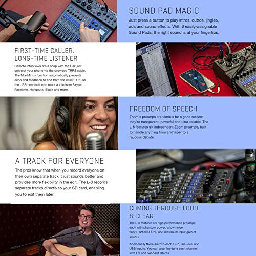 Zoom Livetrak L-8 Portable 8-Channel Digital Mixer And Multitrack Recorder + 2X Zoom Zdm-1 Mic With Headphones, Windscreens And Stands + Cleaning Cloth – 2 Person Podcasting Bundle #TOP1