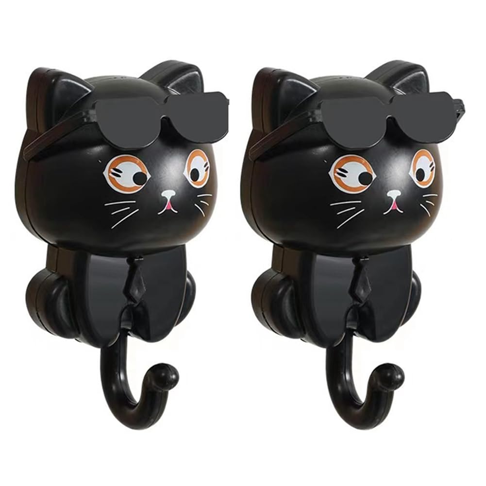 Littimoon Cute Cat Key Hook, Cat Keychain, Kitten Coat Hook, Cute Sunglasses Cat Sticky Coat Hook, Coat Wall Hook
