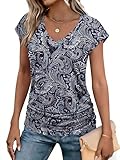 Zeagoo Womens Short Sleeve Ruched Tunics V Neck Navy Floral Tops Side Shirring Fitted Shirts Loose Spring Outfits
