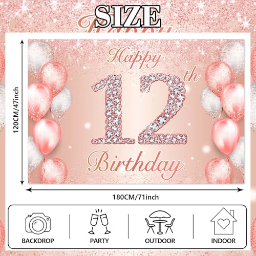 Image of Happy 12th Birthday Rose Gold Banner Cheers to 12 Years Old Backdrop Confetti Balloons Theme Decor for Girls 12 Years Old Pink Birthday Party Decorations Bday Supplies Background Favors Gift Glitter