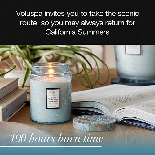 Image of Voluspa California Summers Large Scented Candle Jar, 18 Oz, 100 Hr Burn | Coconut Wax Blend in Decorative Glass, Clean Even Burn, USA Handcrafted Gift for Hosts, Fragrance Lovers & Relaxed Rooms