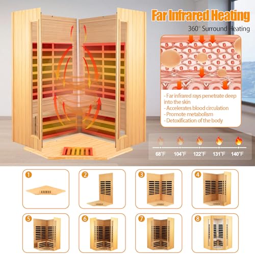 Far Infrared Sauna, 2-3 Person infrared sauna for home, Indoor Home Sauna Canadian Hemlock Wooden Sauna Dry Sauna with 7 Low EMF Heating Panels, Bluetooth Speakers, LED Reading Lights, 1670W - Image 4