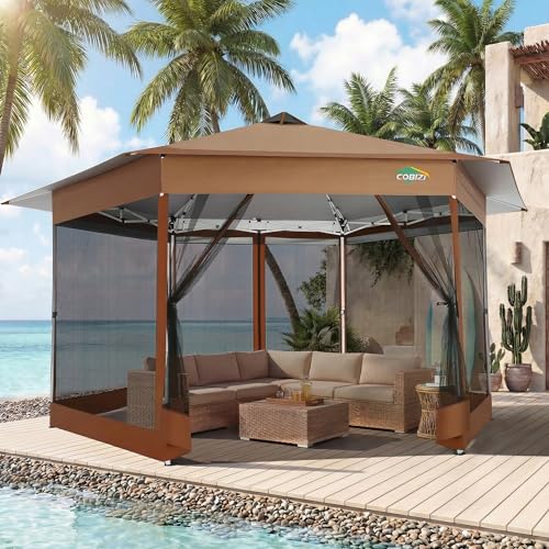 Image of COBIZI 14x14 Pop Up Gazebo Tent with Mosquito Netting, Gazebos on Clearance, Hexagonal Outdoor Canopy Shelter, Patented Center Lock 6-Sided Portable Gazebos, Pop Up Canopy Tent for Backyard, Brown