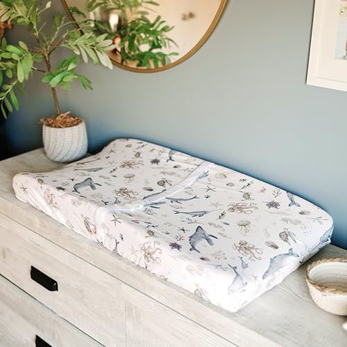 Image of Baby Changing Pad Cover 2-Pack for Boys, Girls (Ocean Odyssey) - Premium Fitted Sheets Baby Diaper Changing Table Cover - Buttery Soft Cotton Blend